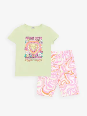 Crew Neck Printed Short Sleeve Girls T-Shirt and Tights