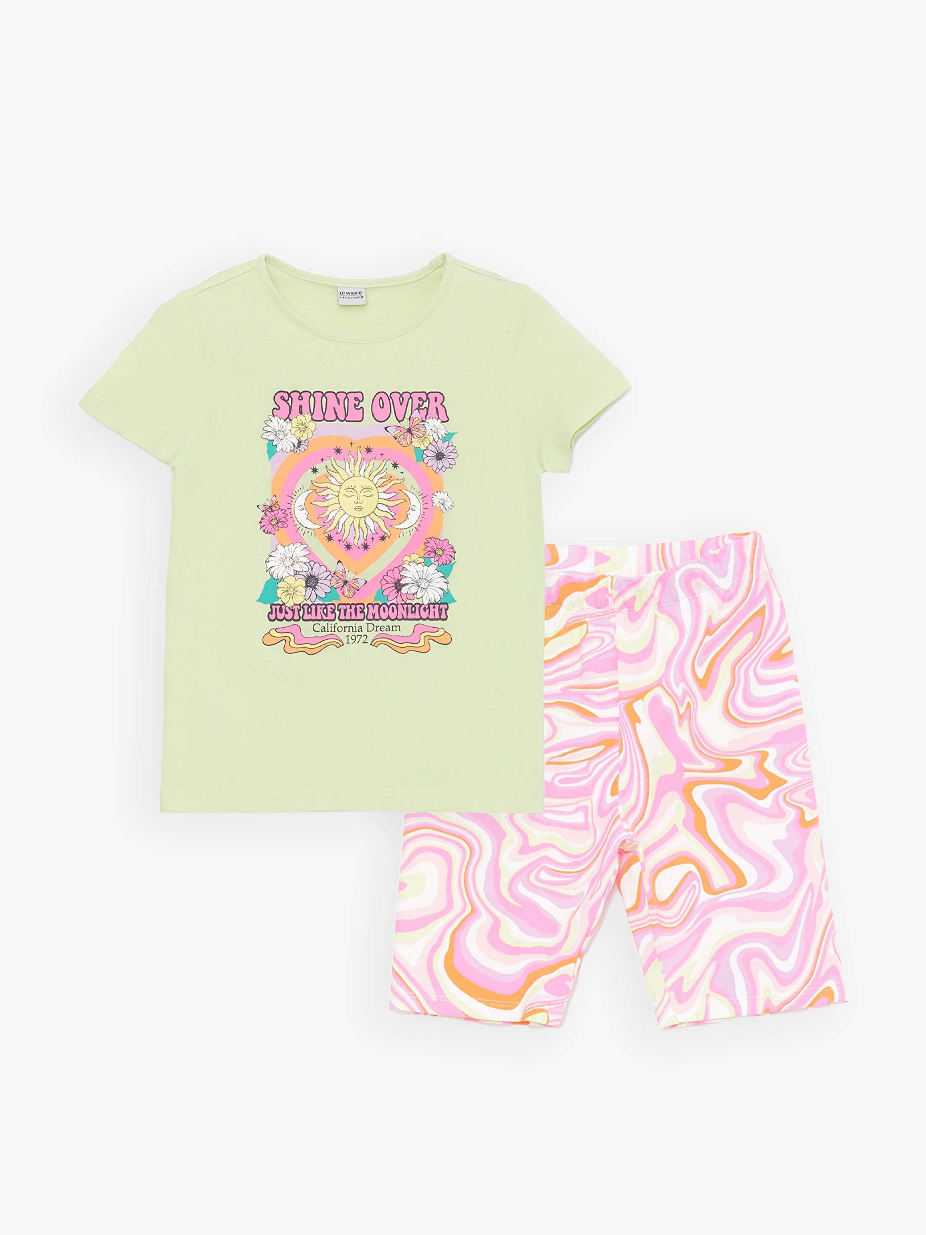 Crew Neck Printed Short Sleeve Girls T-Shirt and Tights