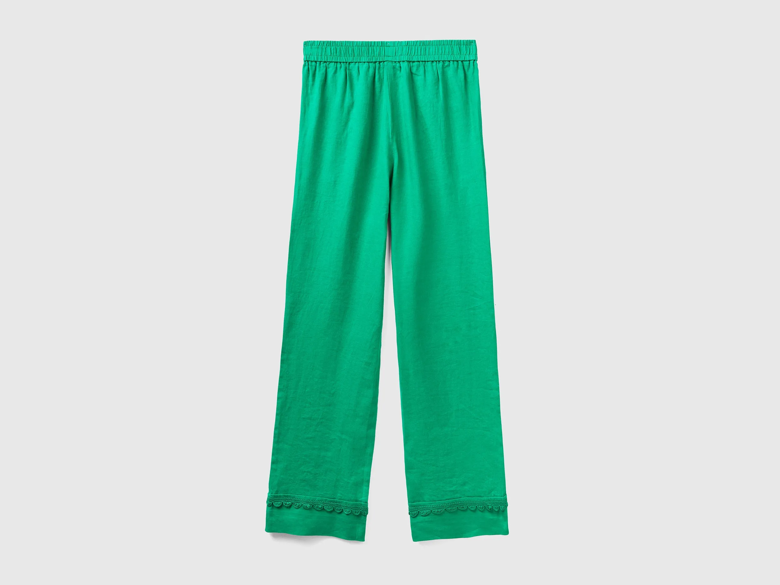 Crochet Detailed Hem Relaxed Wide Green Linen Trousers