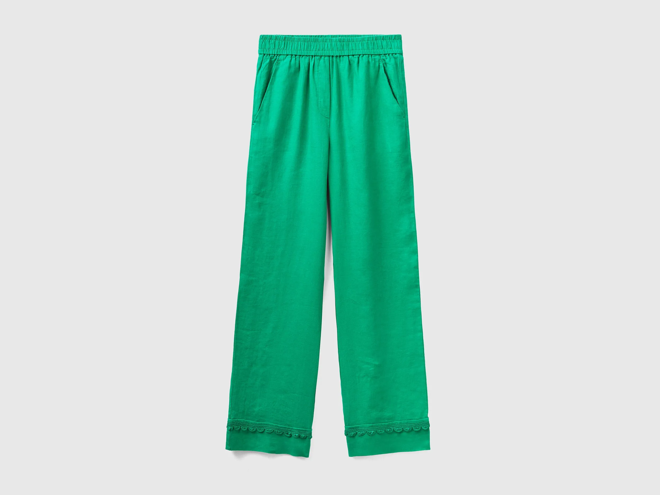 Crochet Detailed Hem Relaxed Wide Green Linen Trousers
