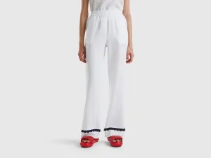 Crochet Detailed Hem Relaxed Wide White Linen Trousers