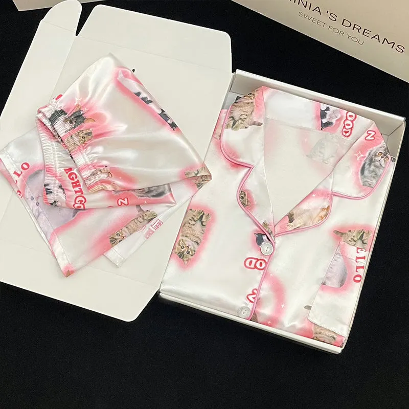 Cute Cat Print Summer New Thin Pajamas Women