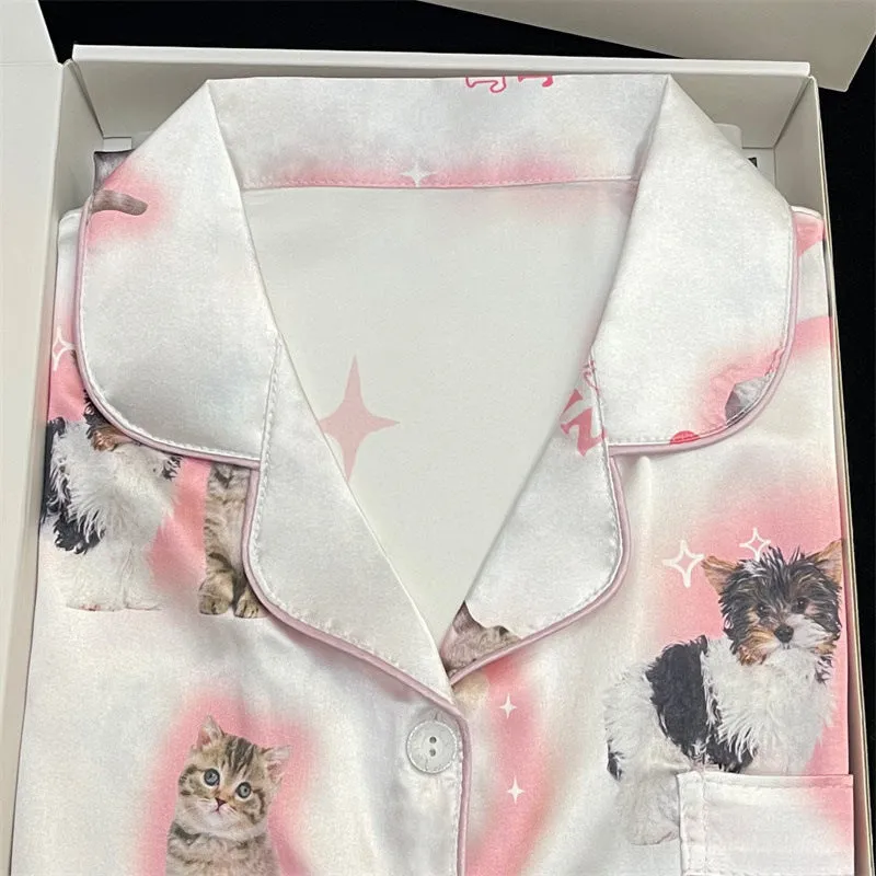 Cute Cat Print Summer New Thin Pajamas Women