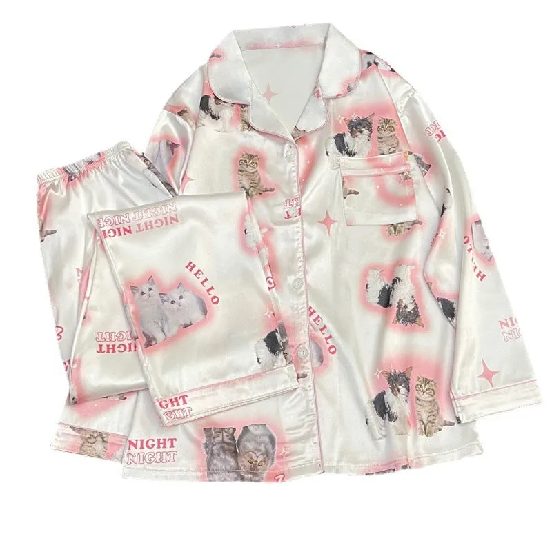 Cute Cat Print Summer New Thin Pajamas Women
