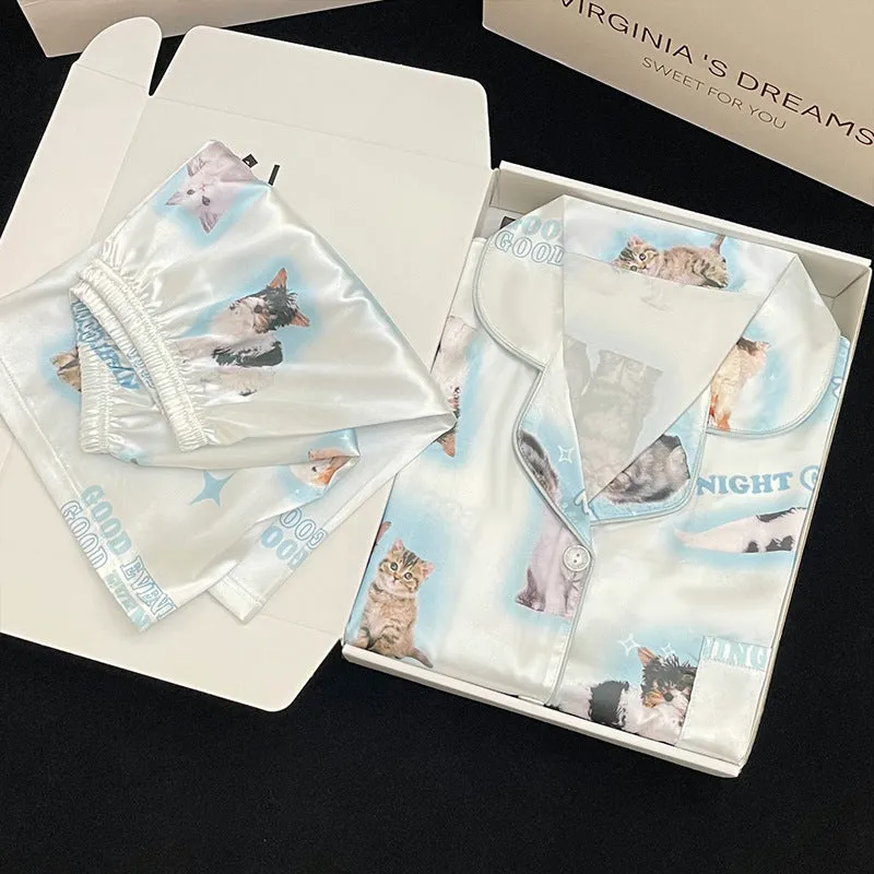 Cute Cat Print Summer New Thin Pajamas Women