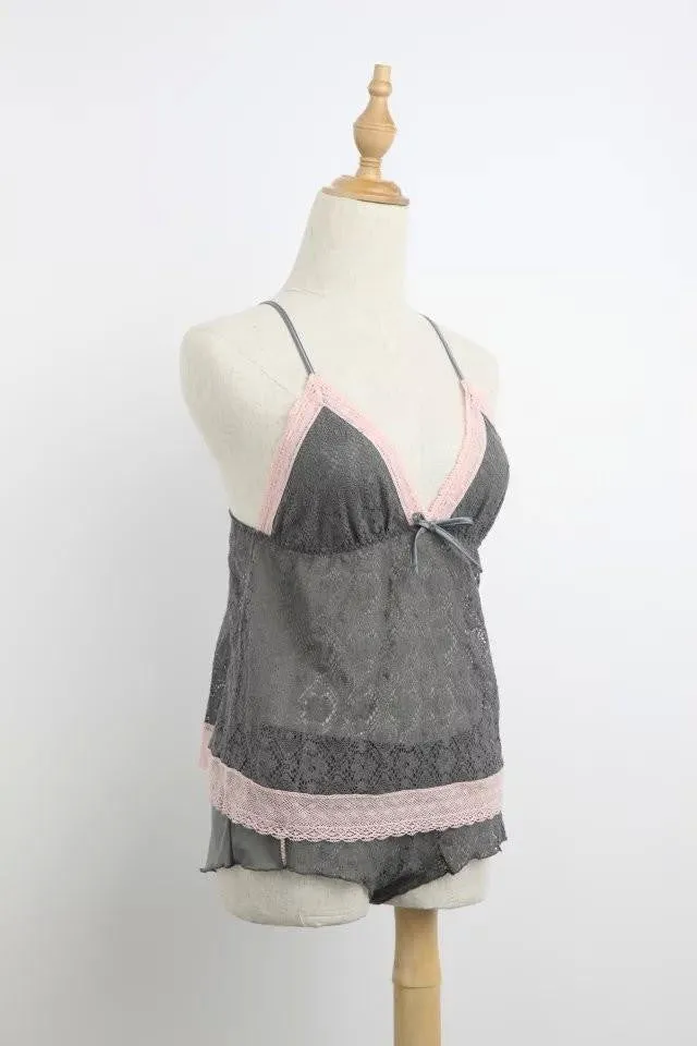 cutout lace female sleepwear spaghetti strap thin nightgown pajama set