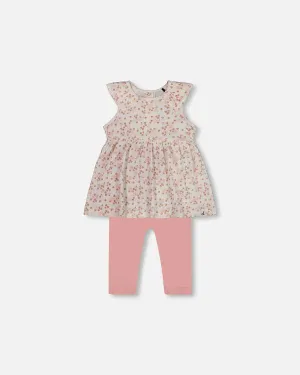 Deux Par Deux Jersey Pointelle Tunic and Leggings - Printed Pink Ditsy Floral
