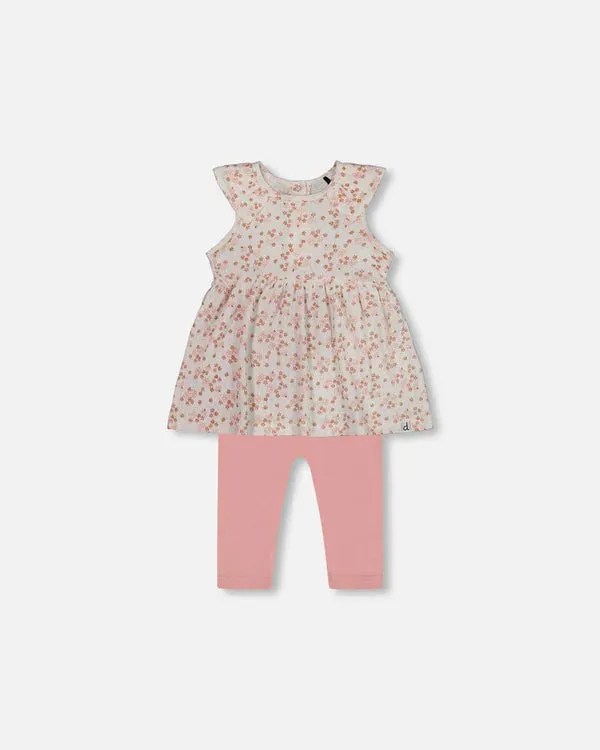 Deux Par Deux Jersey Pointelle Tunic and Leggings - Printed Pink Ditsy Floral