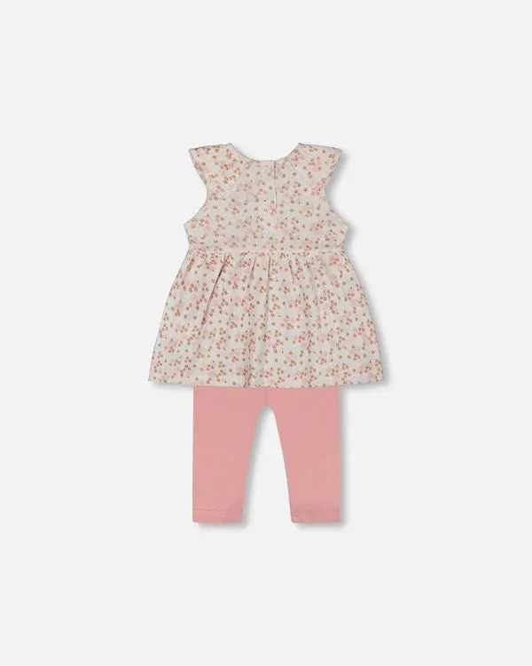 Deux Par Deux Jersey Pointelle Tunic and Leggings - Printed Pink Ditsy Floral