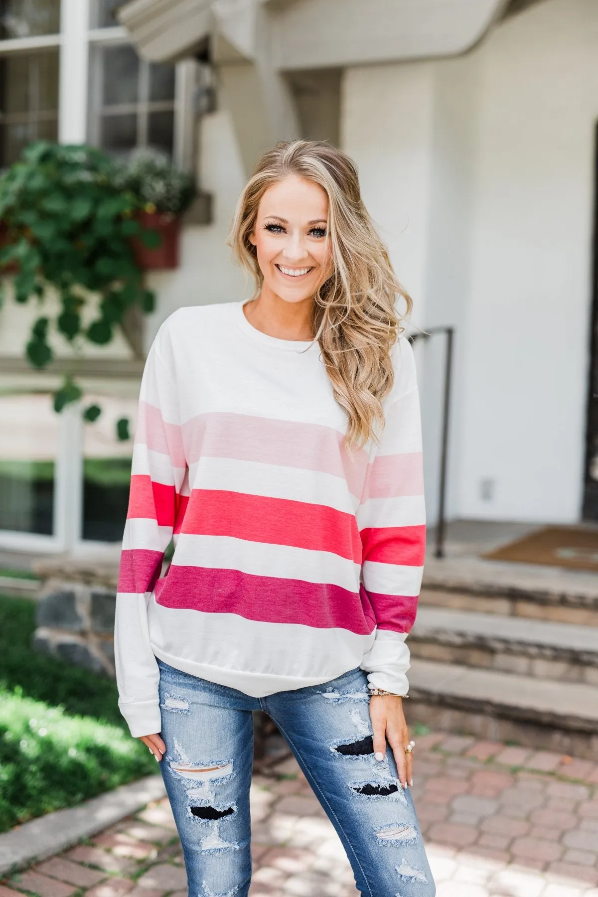 Dreaming of You Striped Pullover Top- Berry Mix