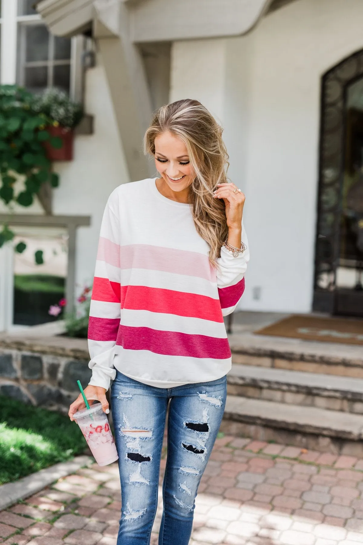 Dreaming of You Striped Pullover Top- Berry Mix