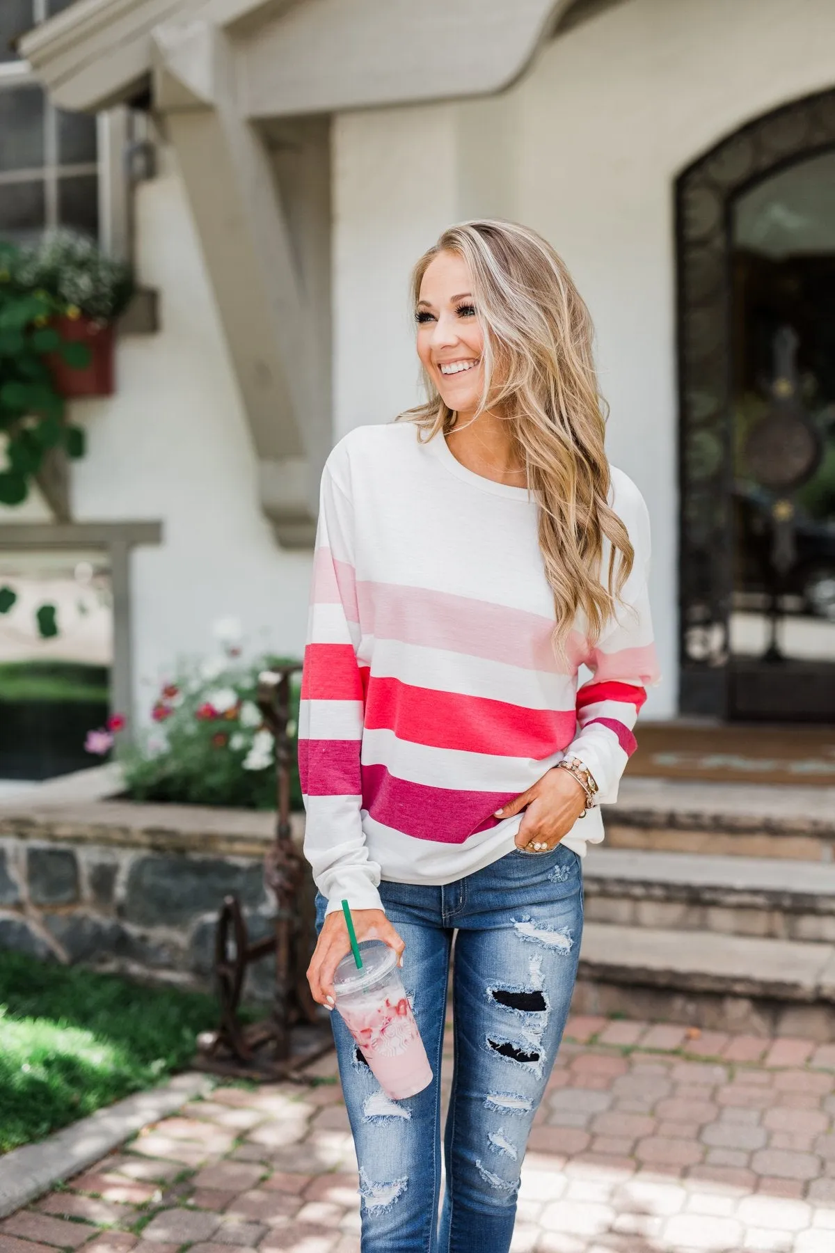 Dreaming of You Striped Pullover Top- Berry Mix