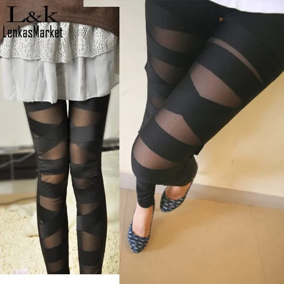 Fashion Leggings Mesh Womens Leggins Halloween Gothic Legging Slim Black Punk Rock Elastic Bandage Pants