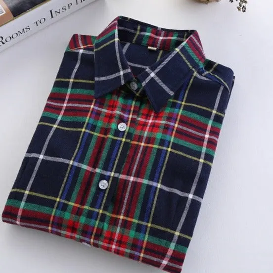 Fashion Plaid Shirt Female College style women's Blouses Long Flannel Shirt Plus Size Cotton Office tops