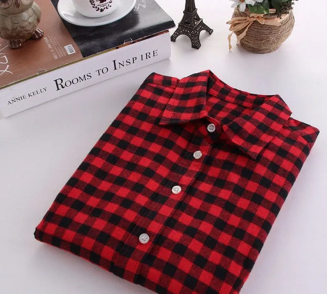 Fashion Plaid Shirt Female College style women's Blouses Long Flannel Shirt Plus Size Cotton Office tops