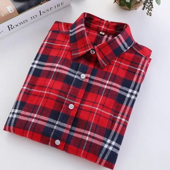 Fashion Plaid Shirt Female College style women's Blouses Long Flannel Shirt Plus Size Cotton Office tops
