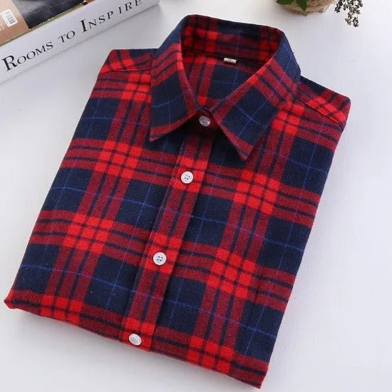 Fashion Plaid Shirt Female College style women's Blouses Long Flannel Shirt Plus Size Cotton Office tops
