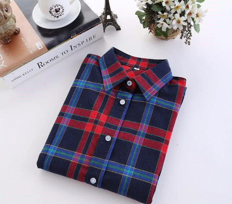Fashion Plaid Shirt Female College style women's Blouses Long Flannel Shirt Plus Size Cotton Office tops