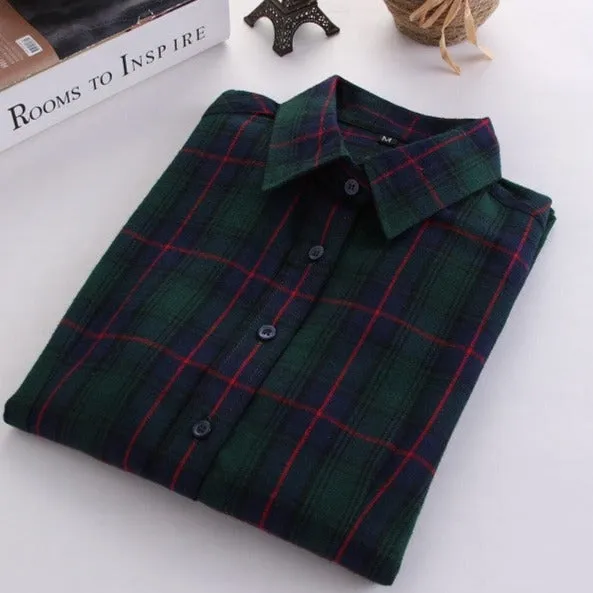 Fashion Plaid Shirt Female College style women's Blouses Long Flannel Shirt Plus Size Cotton Office tops