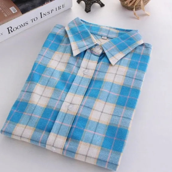 Fashion Plaid Shirt Female College style women's Blouses Long Flannel Shirt Plus Size Cotton Office tops