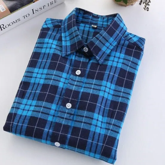 Fashion Plaid Shirt Female College style women's Blouses Long Flannel Shirt Plus Size Cotton Office tops