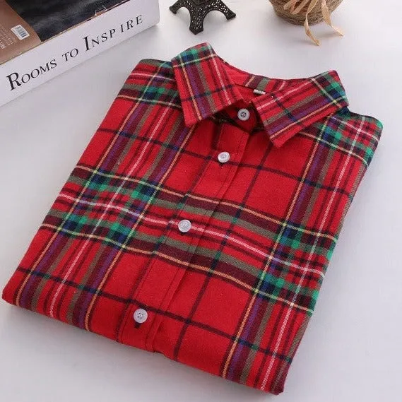 Fashion Plaid Shirt Female College style women's Blouses Long Flannel Shirt Plus Size Cotton Office tops