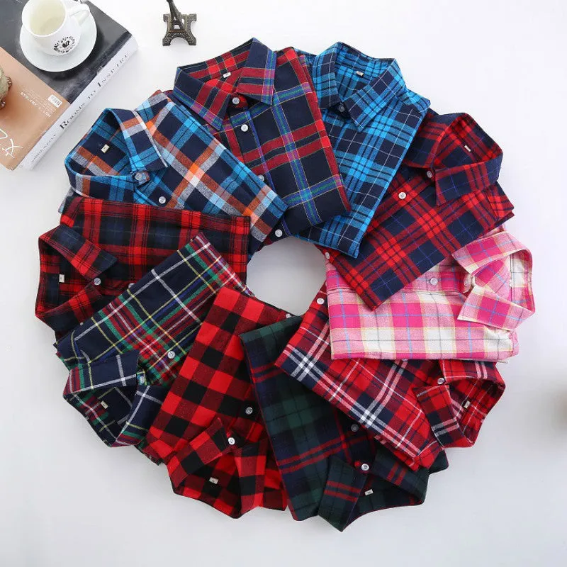 Fashion Plaid Shirt Female College style women's Blouses Long Flannel Shirt Plus Size Cotton Office tops