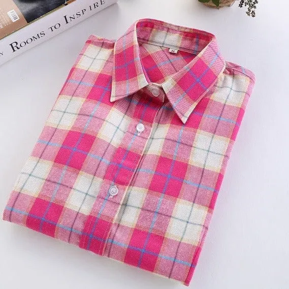 Fashion Plaid Shirt Female College style women's Blouses Long Flannel Shirt Plus Size Cotton Office tops