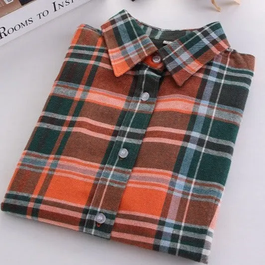 Fashion Plaid Shirt Female College style women's Blouses Long Flannel Shirt Plus Size Cotton Office tops