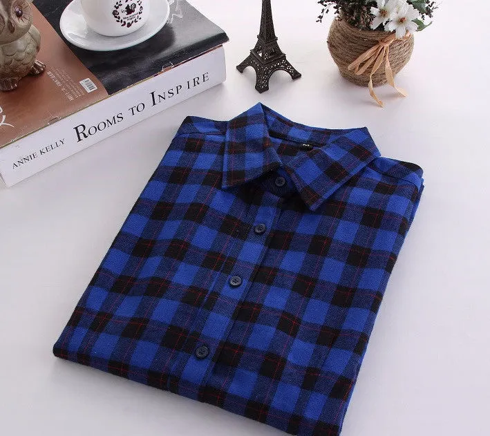 Fashion Plaid Shirt Female College style women's Blouses Long Flannel Shirt Plus Size Cotton Office tops