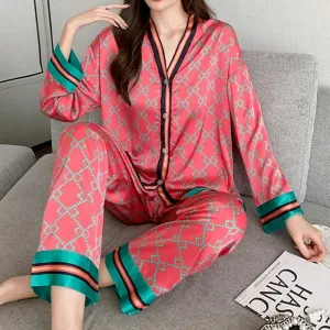 Faux Silk Pyjamas Sets Long Sleeve Cardigan Sleepwear Luxury