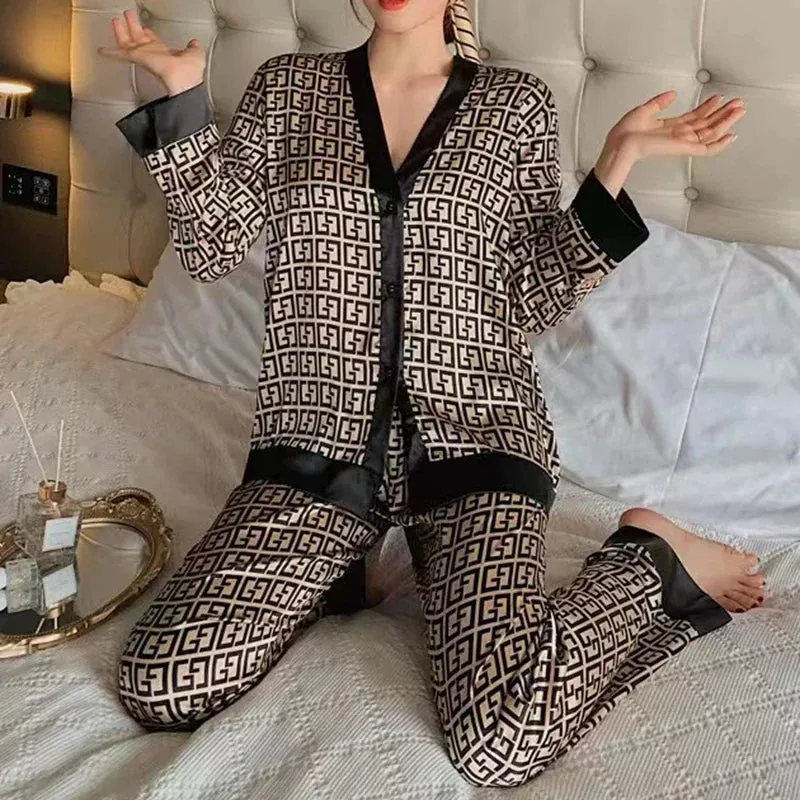 Faux Silk Pyjamas Sets Long Sleeve Cardigan Sleepwear Luxury
