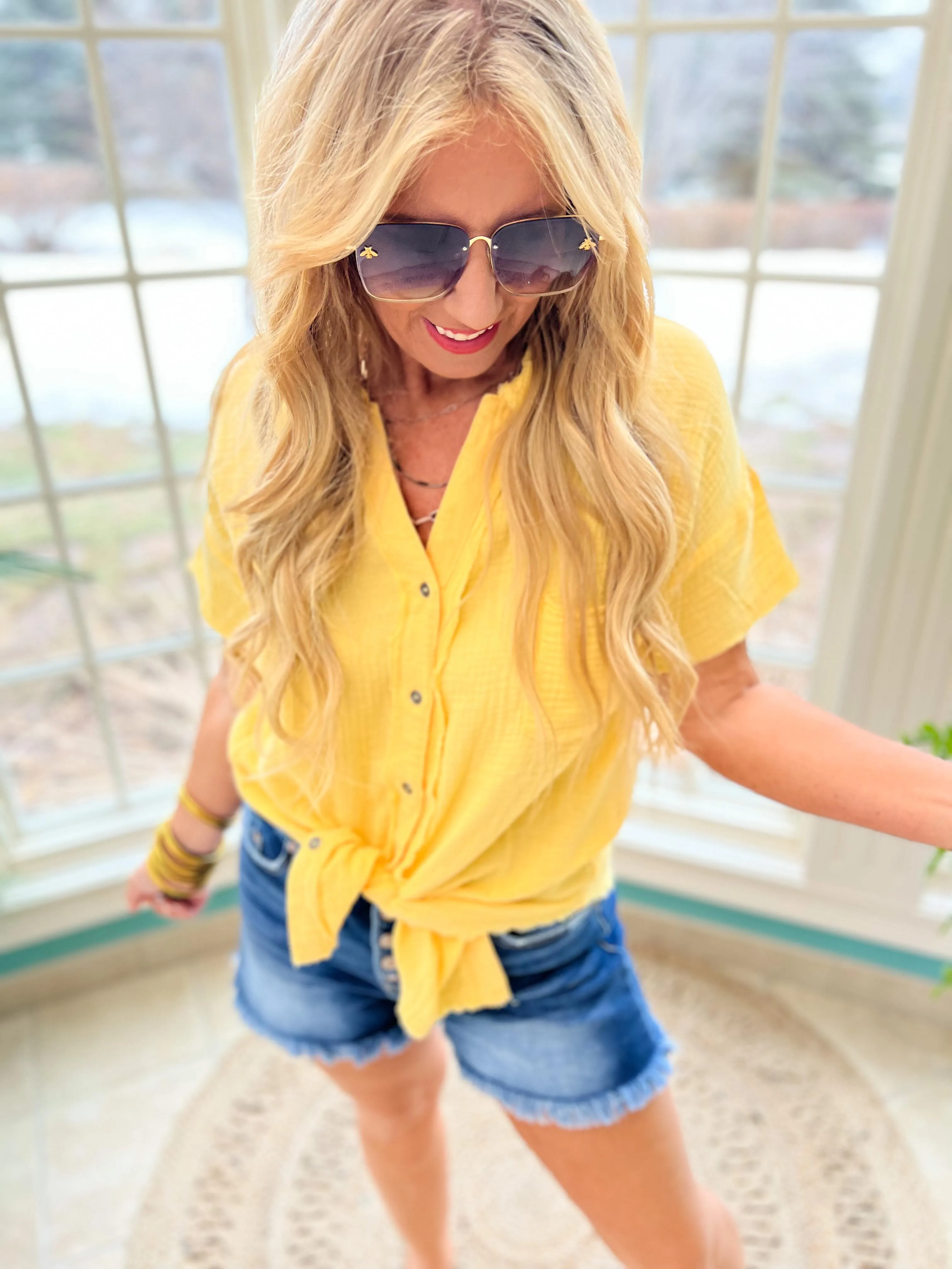 GAUZE BUTTON DOWN RAW EDGE SHORT SLEEVE SHIRT - Final Sale