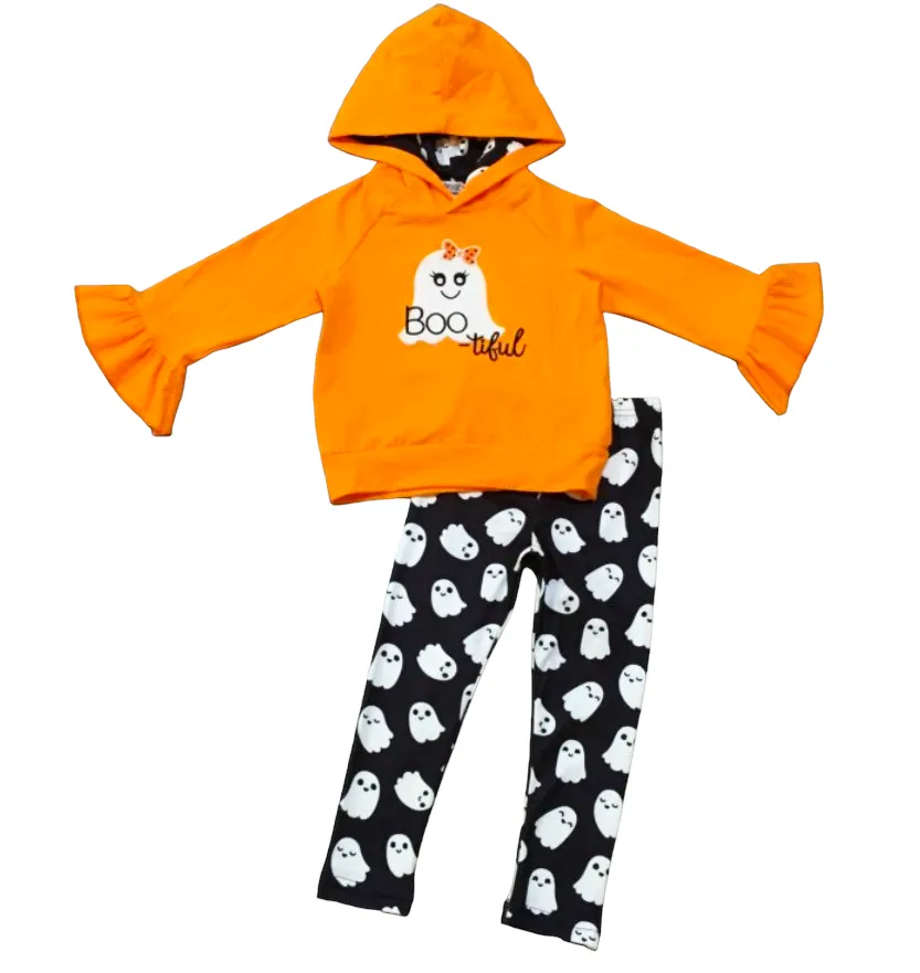 Girls Black & Orange Halloween Ghost Ruffle hoodie and Leggings Outfit