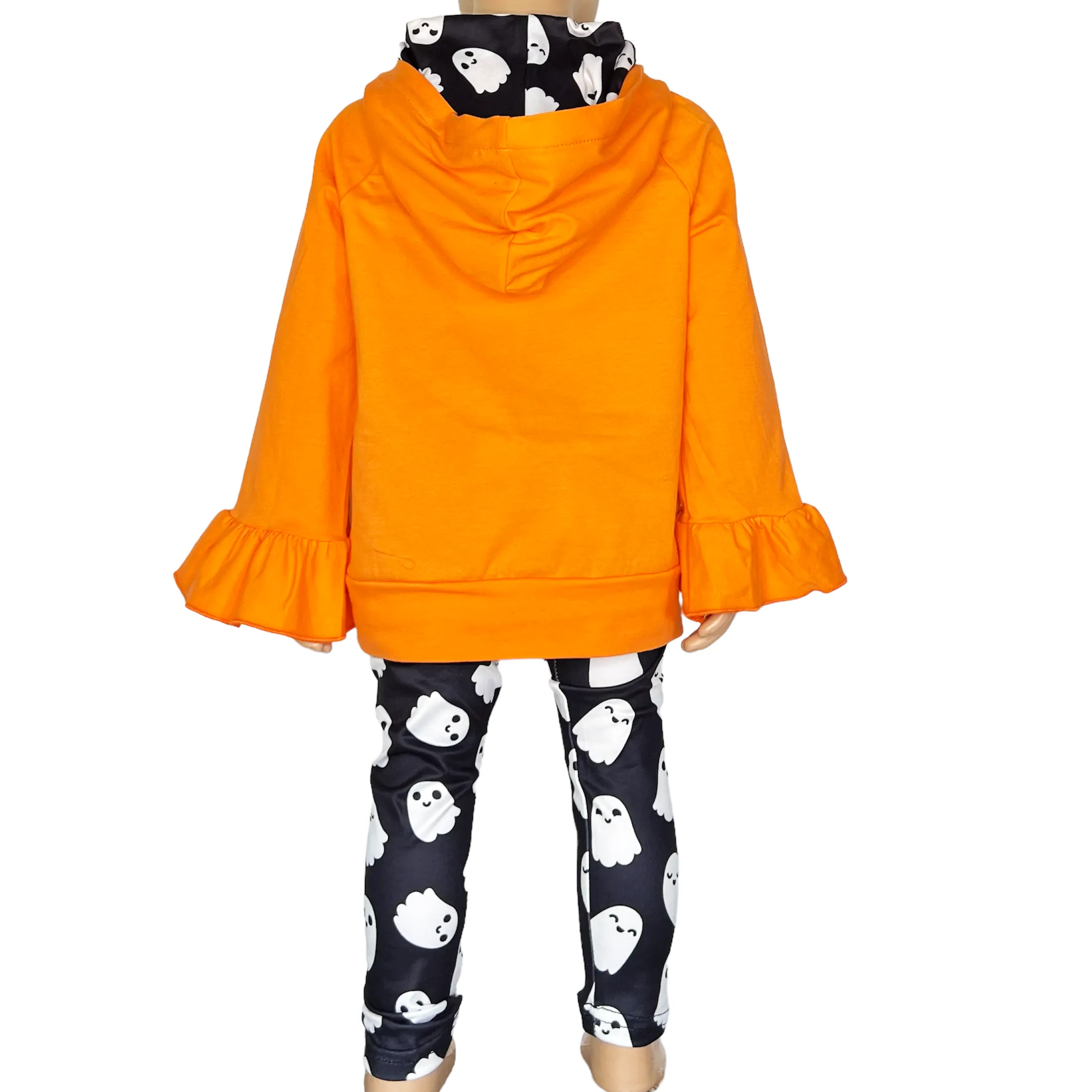 Girls Black & Orange Halloween Ghost Ruffle hoodie and Leggings Outfit