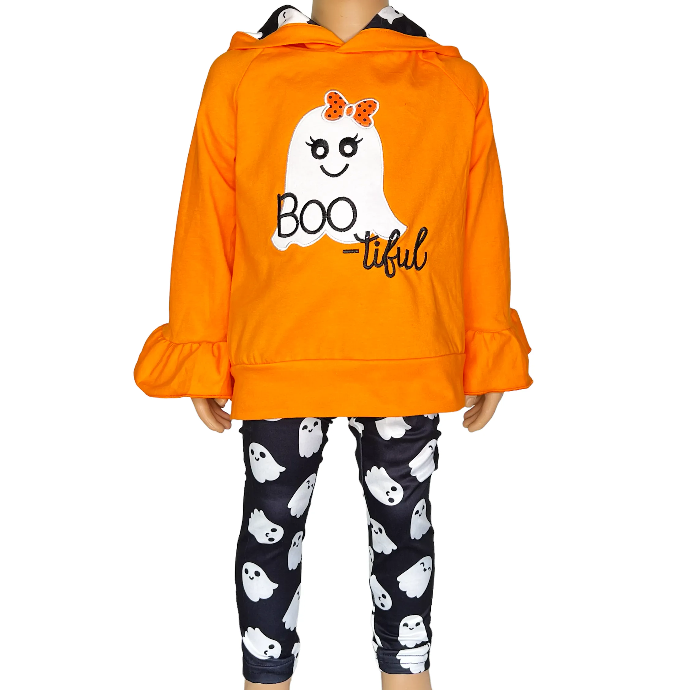 Girls Black & Orange Halloween Ghost Ruffle hoodie and Leggings Outfit