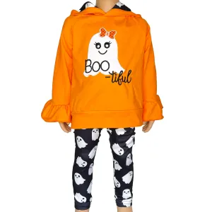Girls Black & Orange Halloween Ghost Ruffle hoodie and Leggings Outfit