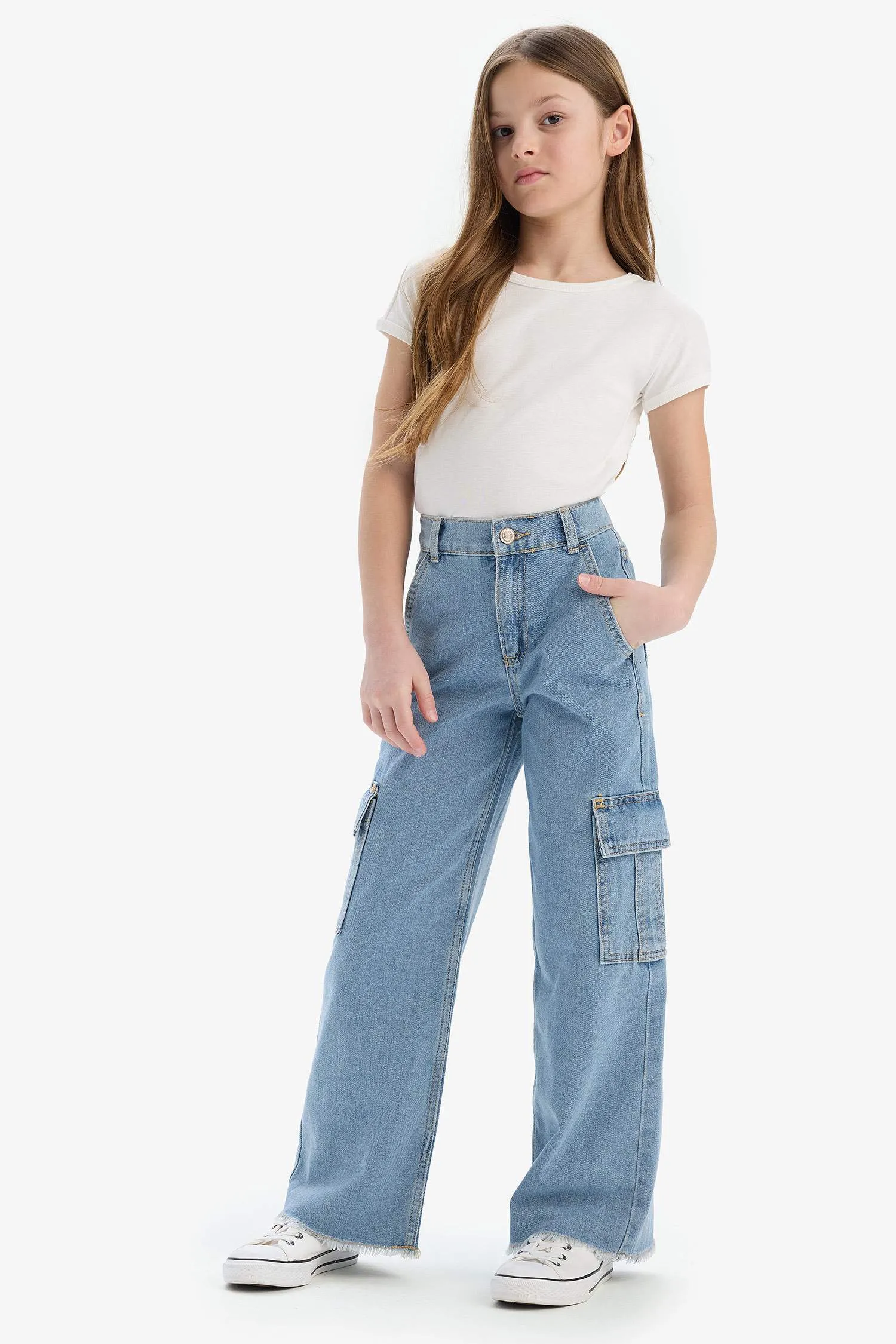 Girls Children Wide Leg Cargo Wide Pleated Leg Jean Pants