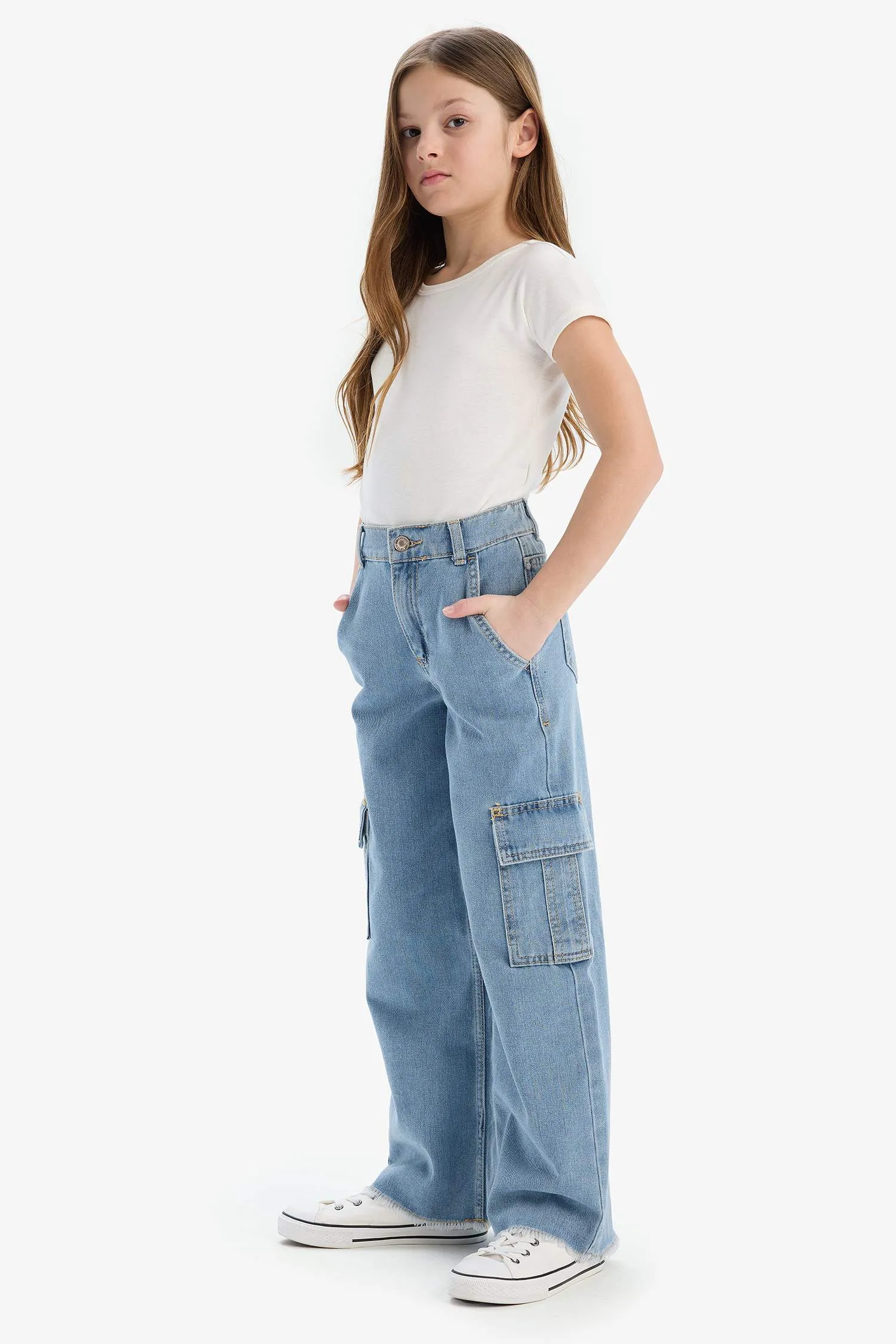 Girls Children Wide Leg Cargo Wide Pleated Leg Jean Pants