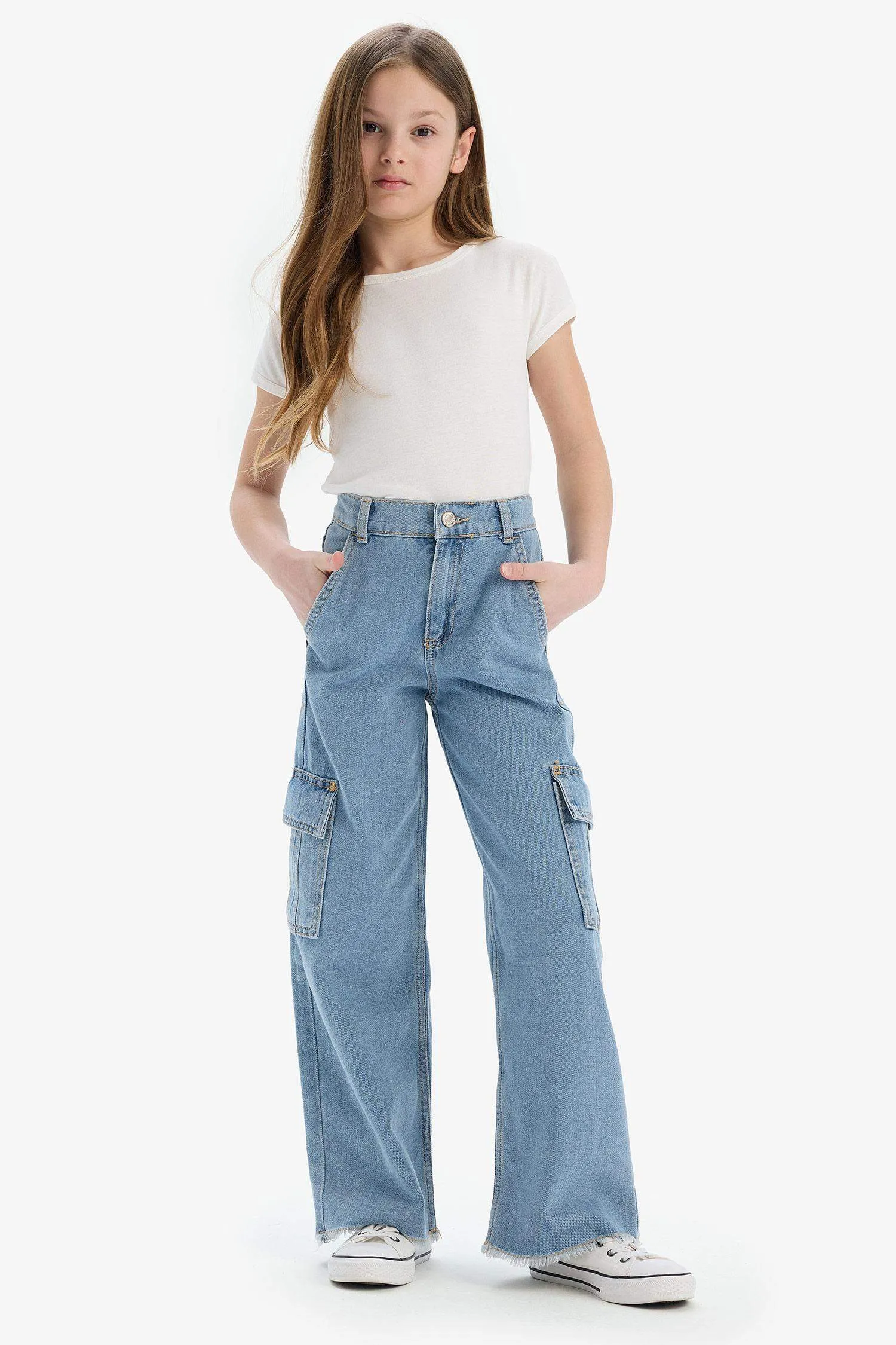 Girls Children Wide Leg Cargo Wide Pleated Leg Jean Pants
