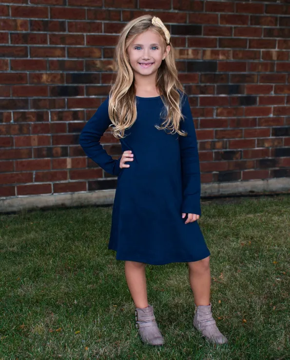 Girls Soft Cotton Long Sleeve Baby Rib Dress | White