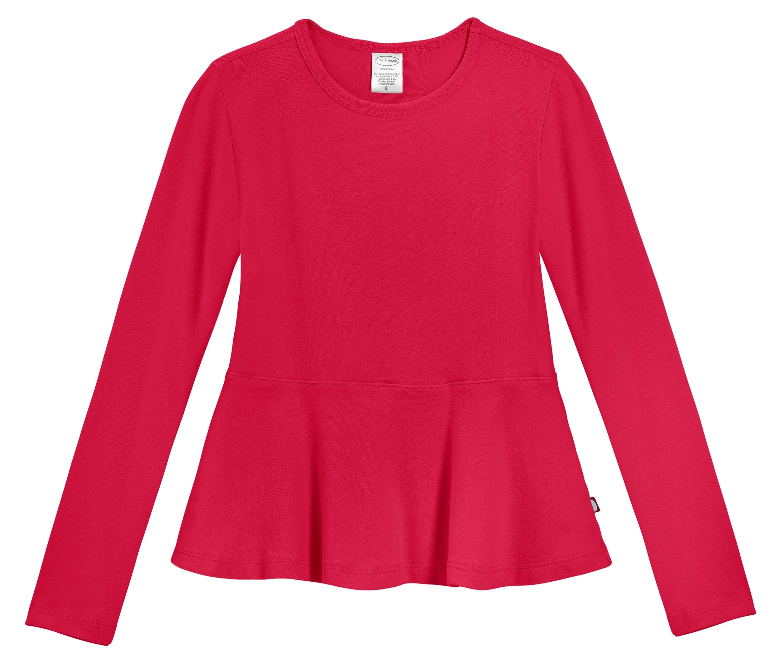 Girls Soft Cotton Long Sleeve Peplum Tee | Candy Apple