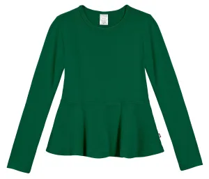 Girls Soft Cotton Long Sleeve Peplum Tee | Forest Green