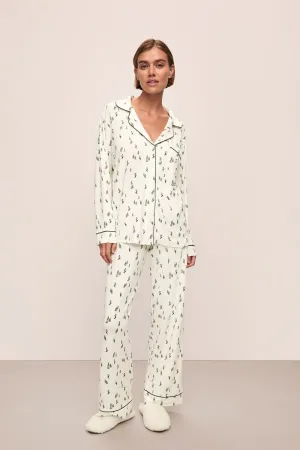 Gisele Printed Long PJ Set in Alpine Skier Ivory/Forrest Green