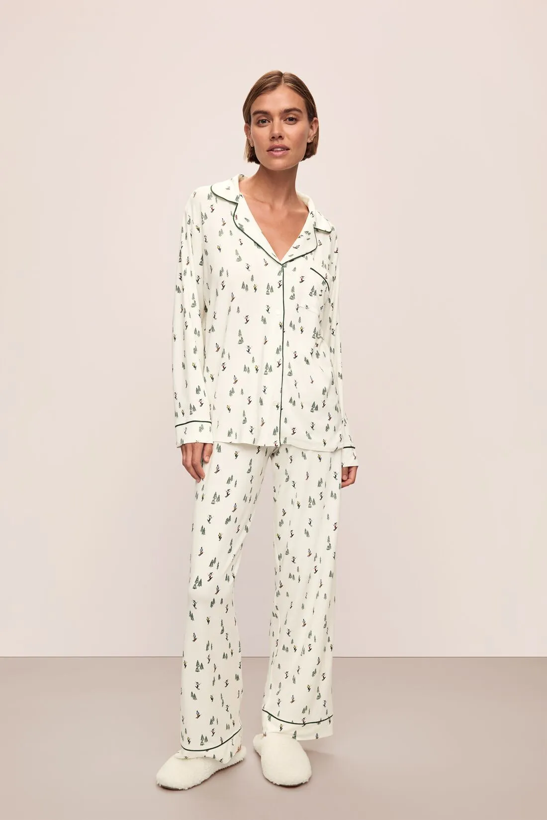 Gisele Printed Long PJ Set in Alpine Skier Ivory/Forrest Green