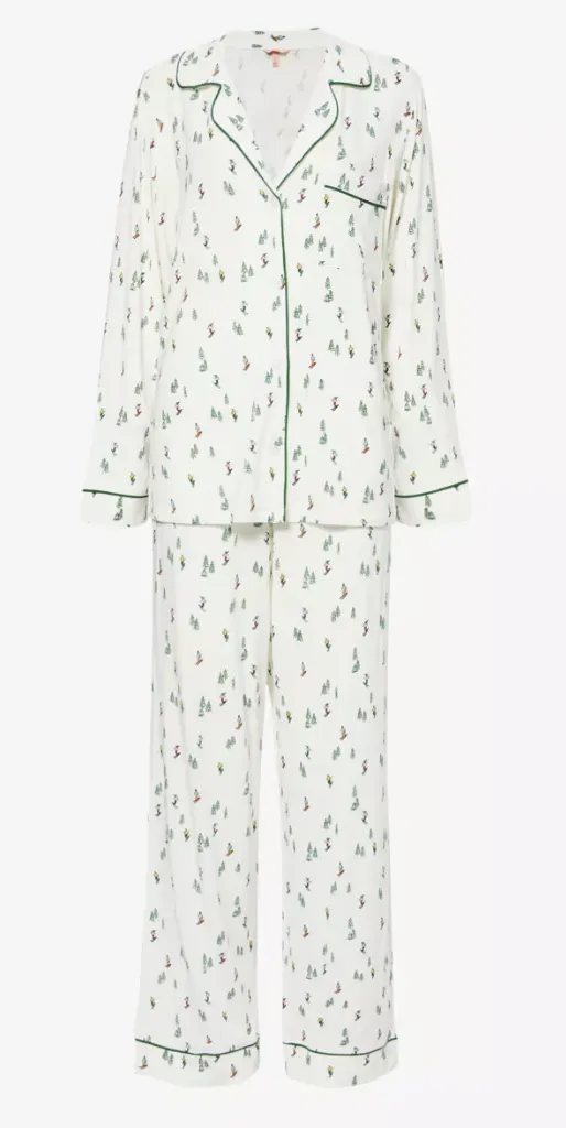 Gisele Printed Long PJ Set in Alpine Skier Ivory/Forrest Green