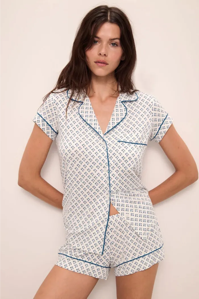 Gisele Printed Shortie Set Petite Batik Ivory/Denim Blue