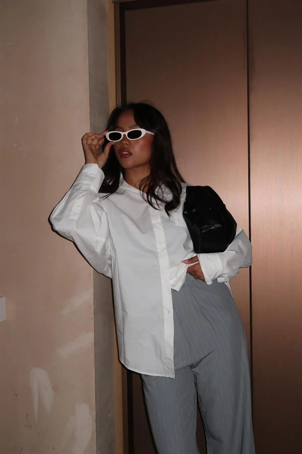 Grey Pinstripe Wide-Leg Straight-Trousers