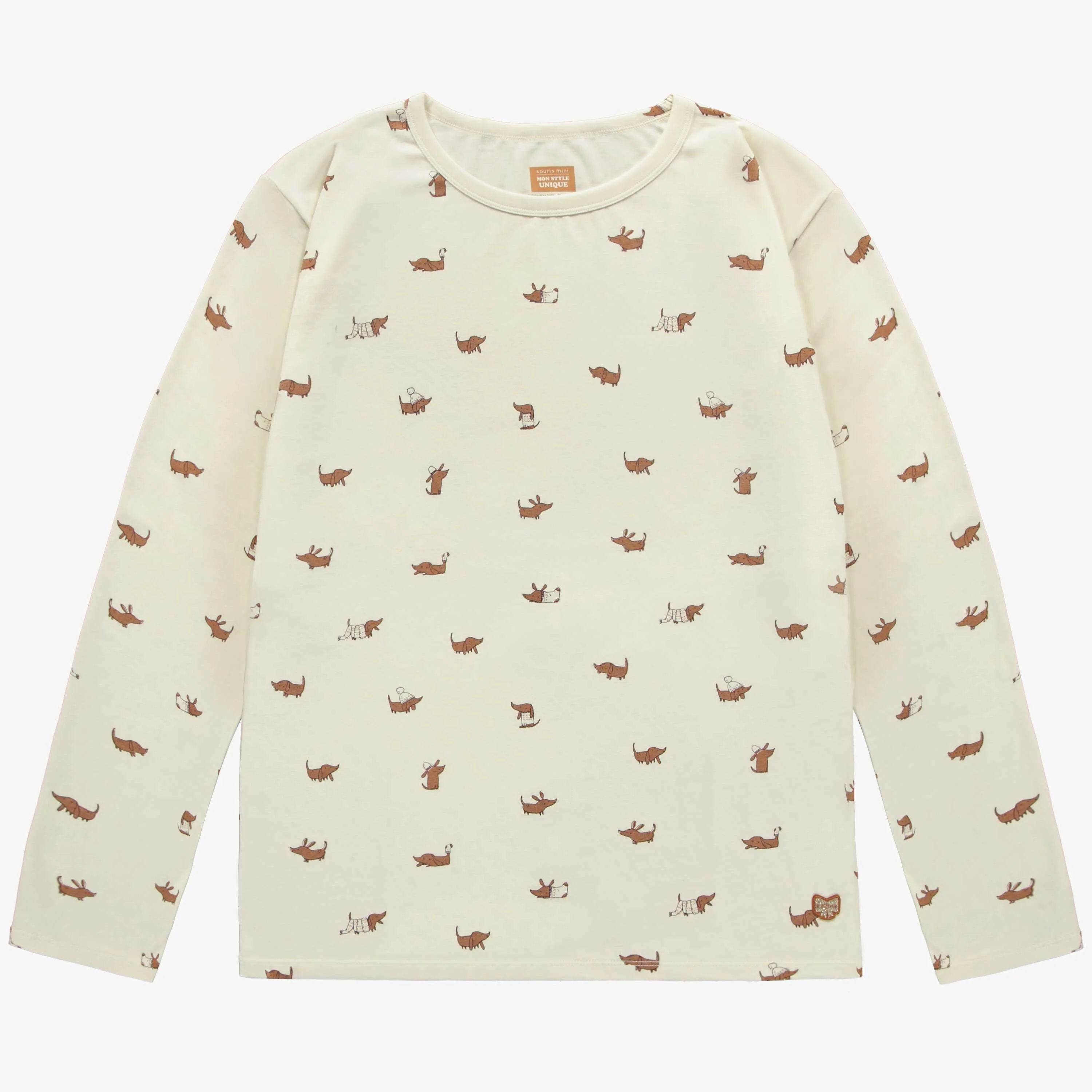 Haut de pyjama des fêtes crème à manches longues avec des chiens en jersey extensible, adulte || Cream long sleeved holiday pajama top with dogs in stretch jersey, adult