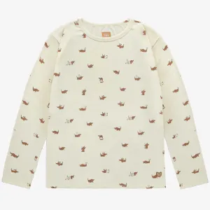 Haut de pyjama des fêtes crème à manches longues avec des chiens en jersey extensible, adulte || Cream long sleeved holiday pajama top with dogs in stretch jersey, adult